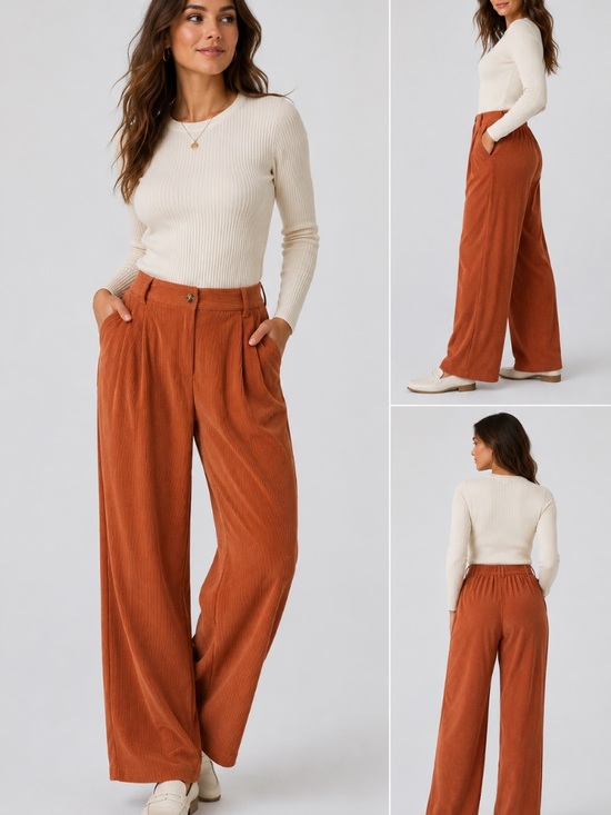 HALARA Pants - HALARA Wide-Leg Corduroy Pants in Rust